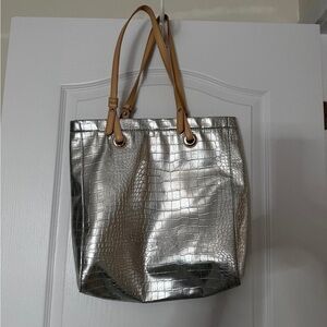 Jessica Metallic Silver Tote with Tan Straps